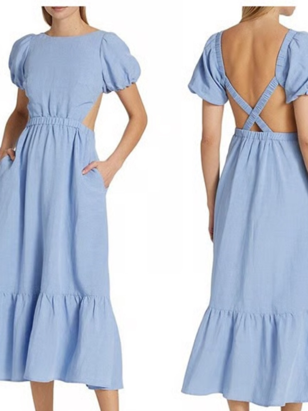 Astr Light Blue Puff-Sleeve Midi Dress with Open Crisscross Back